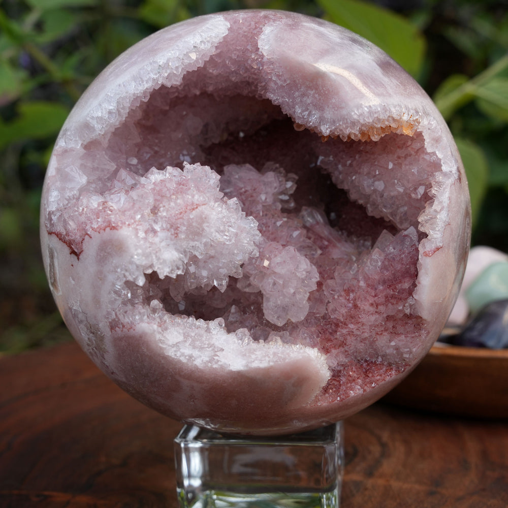 AAA Grade Druzy Pink Amethyst Sphere on Glass Stand | Reiki Infused