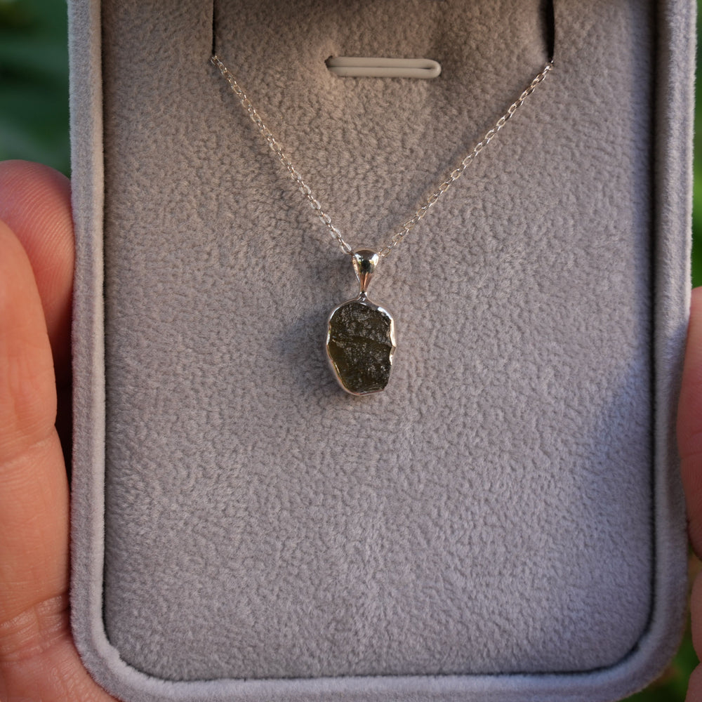 Raw Authentic Moldavite Pendant Necklace | 925 Stirling Silver | AAA Grade | Reiki Infused