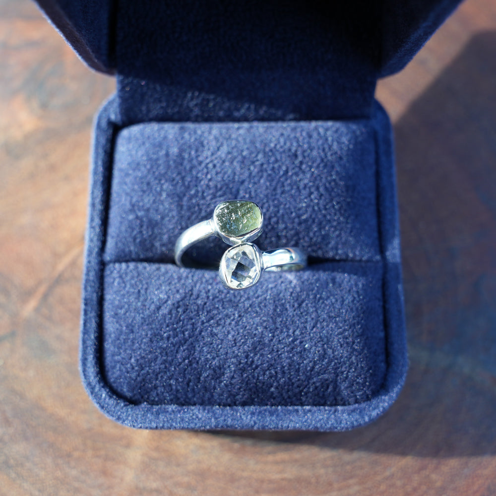 Moldavite & Herkimer Diamond Adjustable Ring | Sterling Silver | Reiki Infused