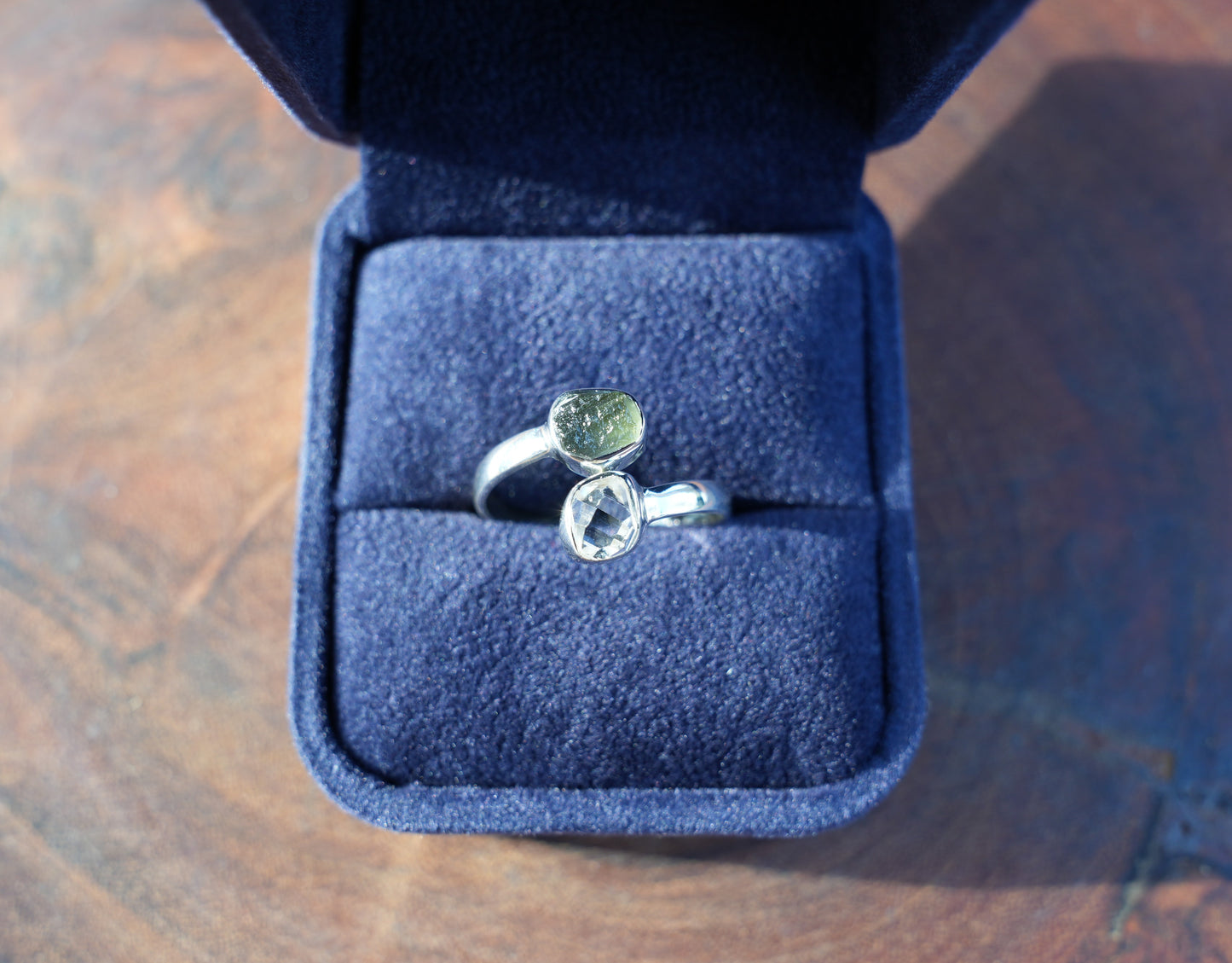 Moldavite & Herkimer Diamond Adjustable Ring | Sterling Silver | Reiki Infused