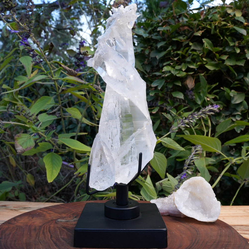 Unique Lemurian with Albite & Black Tourmaline Rutile's On Rotating Stand | Reiki Infused