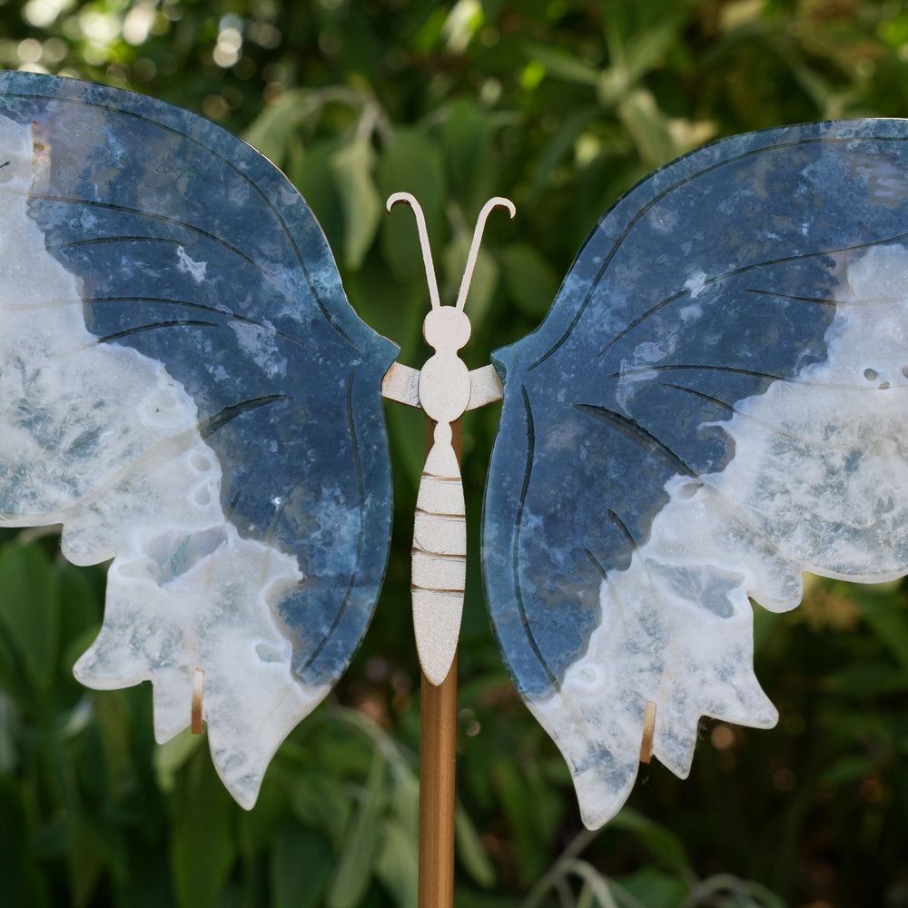 Large Moss Agate Butterfly on Stand | Hand Carved | High Quality | Reiki Infused