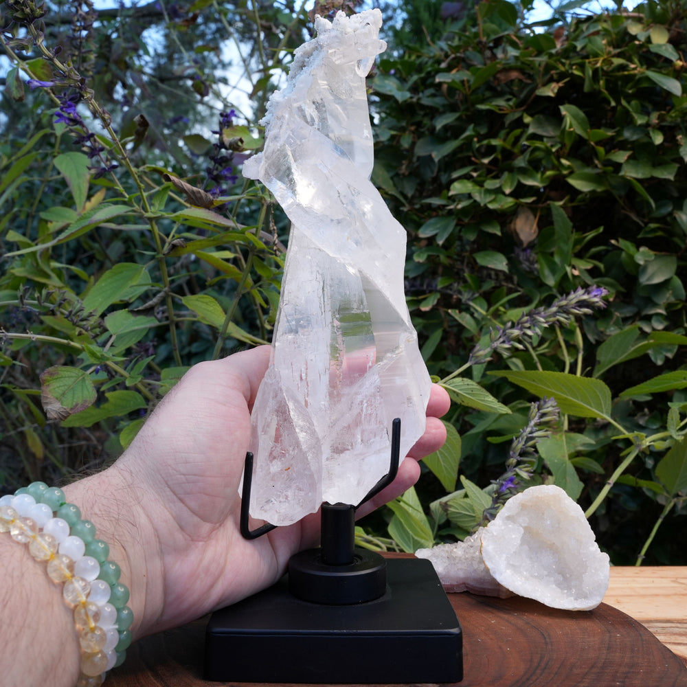 Unique Lemurian with Albite & Black Tourmaline Rutile's On Rotating Stand | Reiki Infused