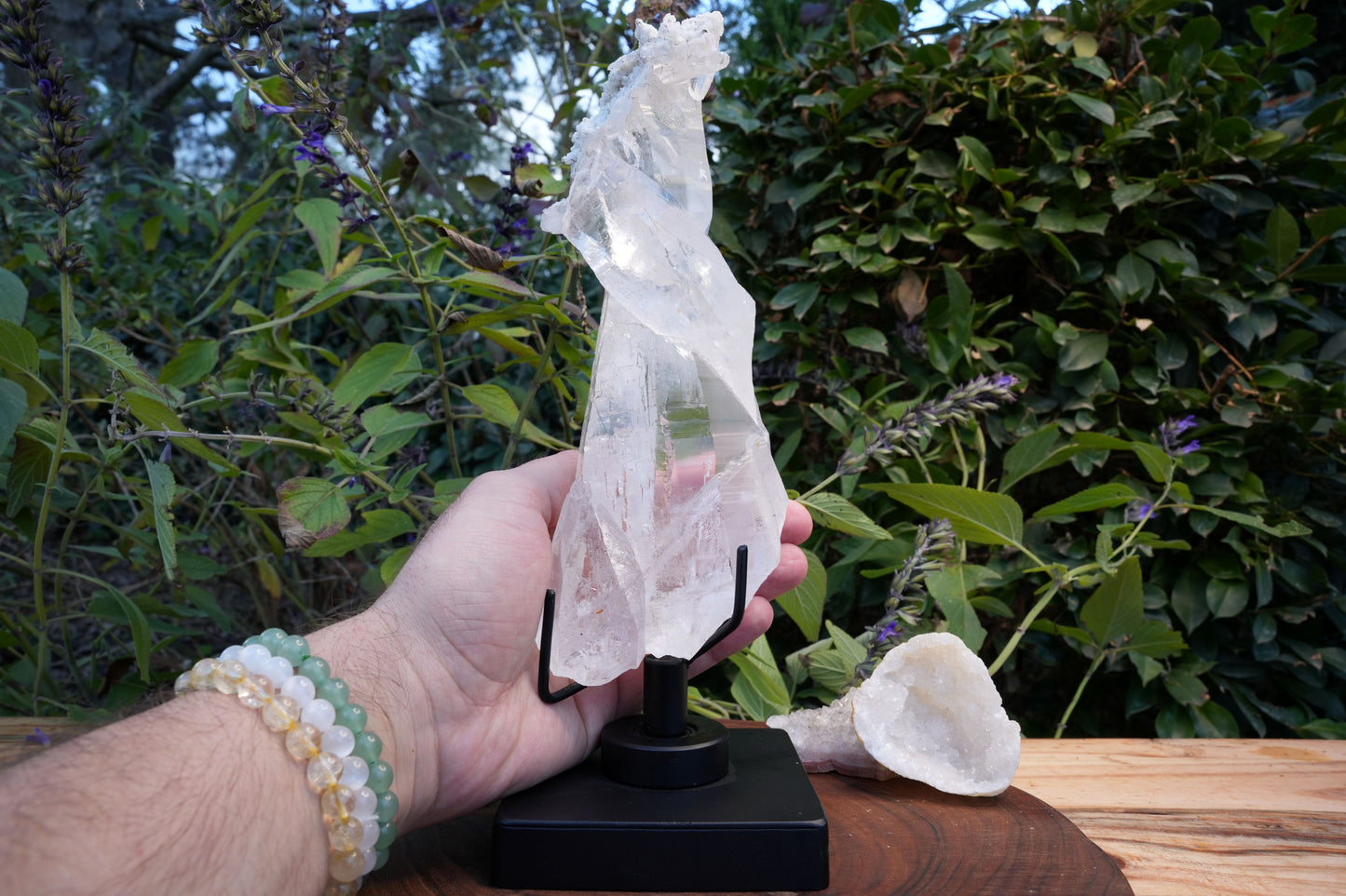Unique Lemurian with Albite & Black Tourmaline Rutile's On Rotating Stand | Reiki Infused