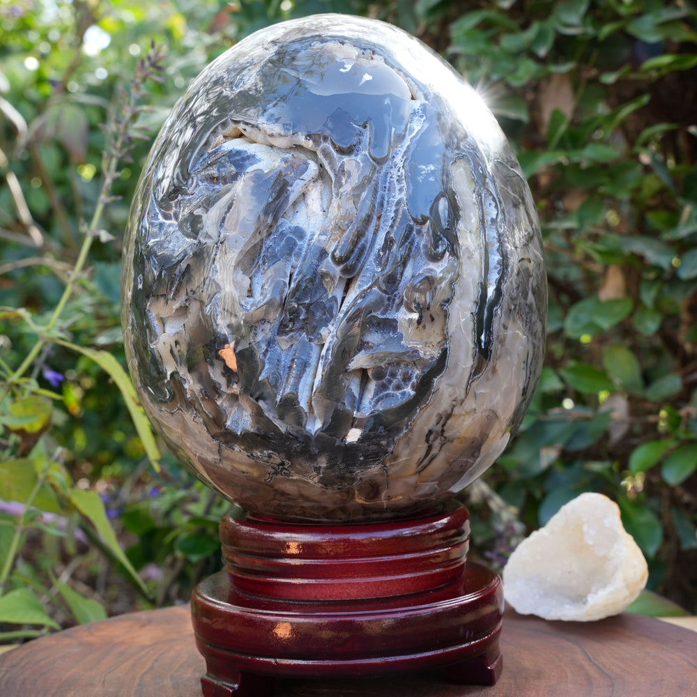 UV Reactive Volcanic Agate Egg on Wooden Stand | Reiki Infused