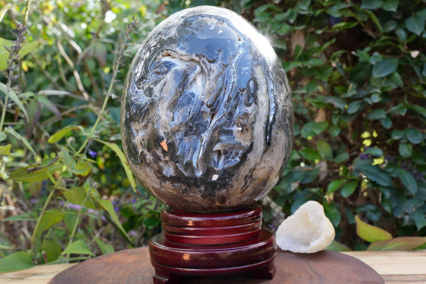 UV Reactive Volcanic Agate Egg on Wooden Stand | Reiki Infused