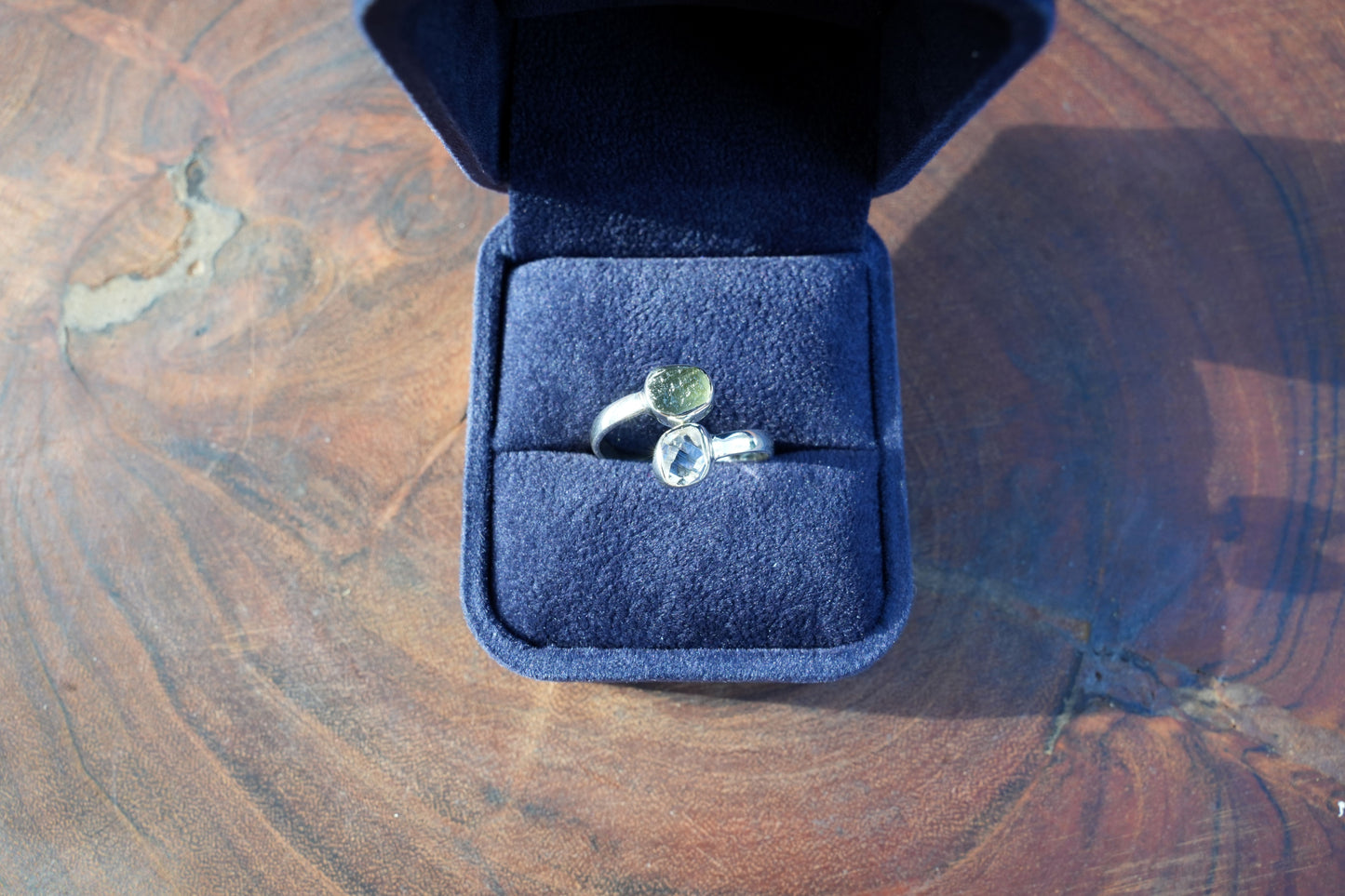 Moldavite & Herkimer Diamond Adjustable Ring | Sterling Silver | Reiki Infused