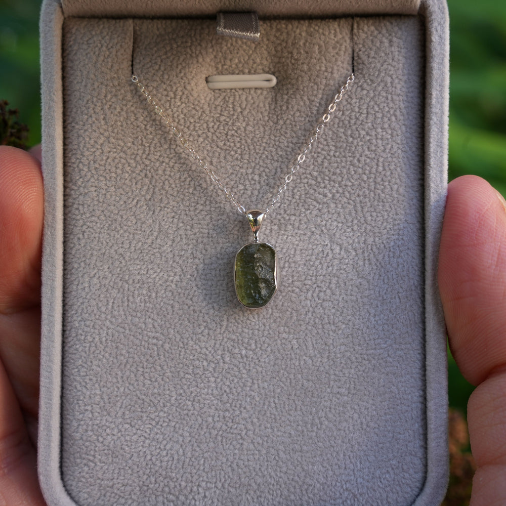 Raw Authentic Moldavite Pendant Necklace | 925 Stirling Silver | AAA Grade | Reiki Infused