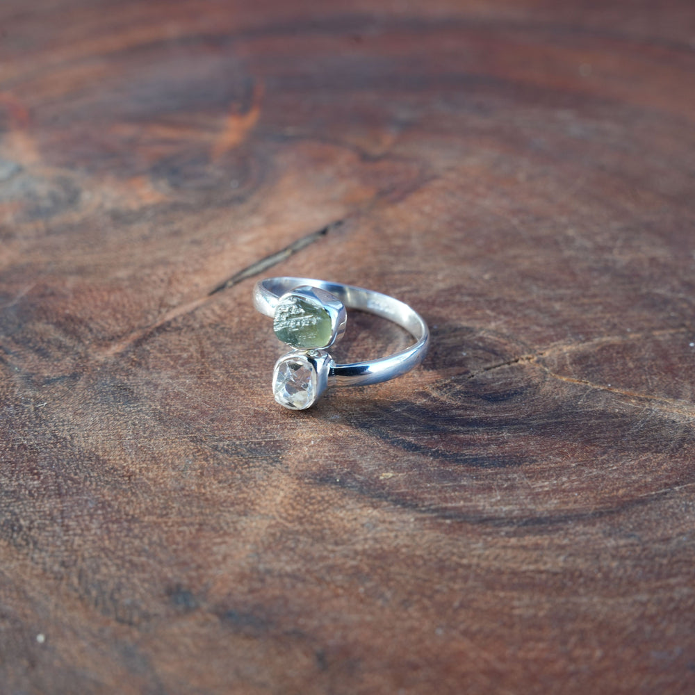 
                  
                    Moldavite & Herkimer Diamond Adjustable Ring | Sterling Silver | Reiki Infused
                  
                