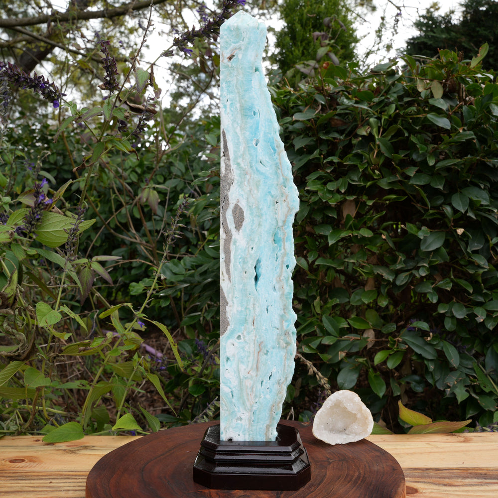 
                  
                    Extra Large Hemimorphite Towers With Raw Edge | On Wooden Stand | Reiki Infused
                  
                