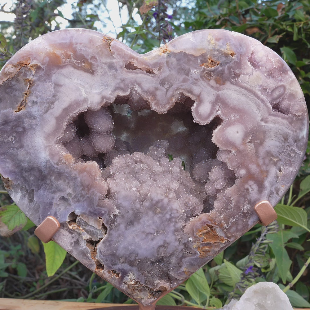 
                  
                    Load and play video in Gallery viewer, AAA Grade Huge Druzy Pink Amethyst Heart | On Rose Gold Stand | Reiki Infused
                  
                