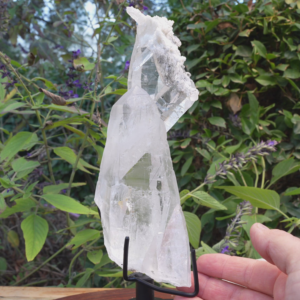 
                  
                    Load and play video in Gallery viewer, Unique Lemurian with Albite &amp;amp; Black Tourmaline Rutile&amp;#39;s On Rotating Stand | Reiki Infused
                  
                